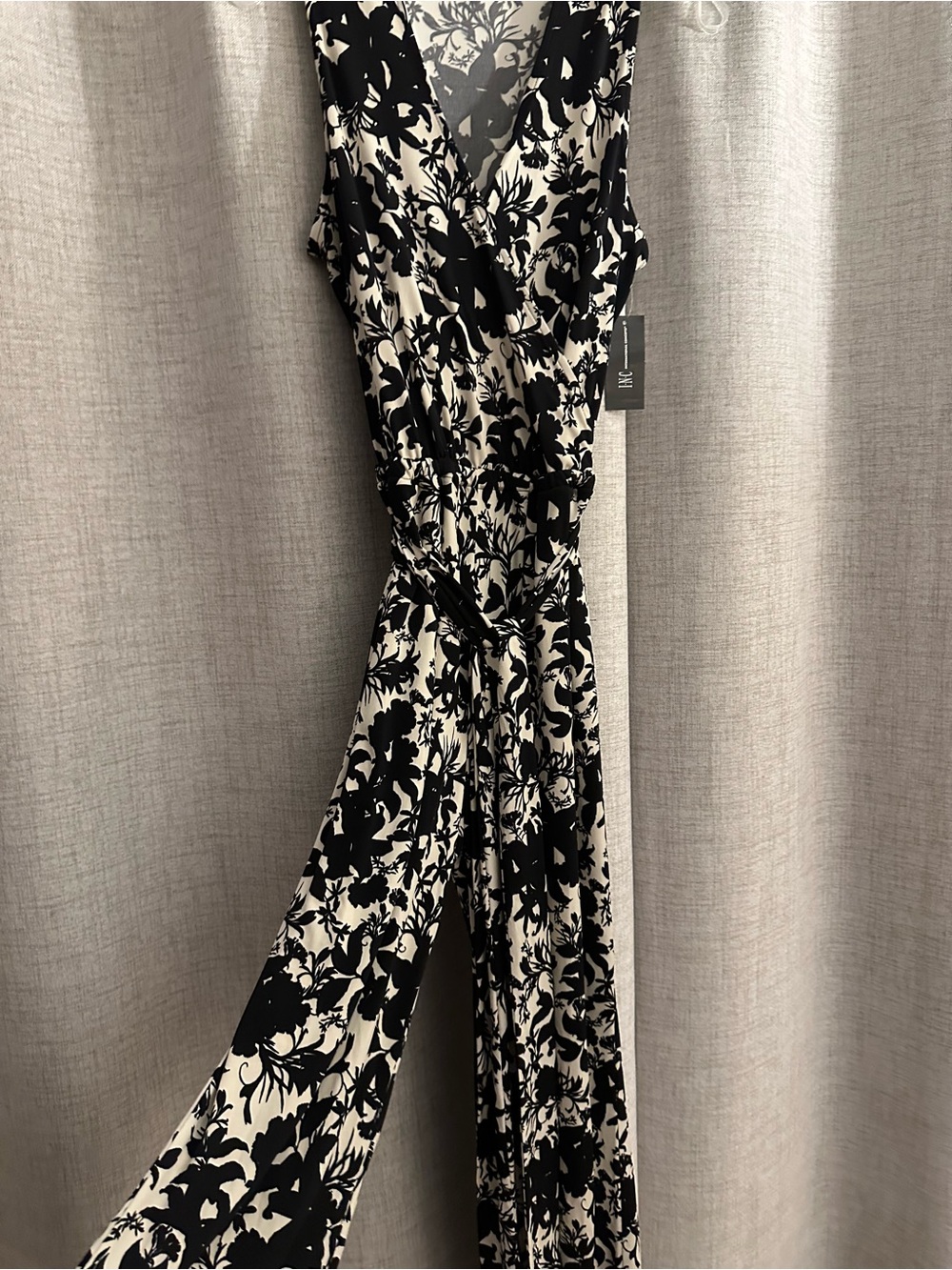 INC International Concepts Black & Cream Floral Wrap Jumpsuit
